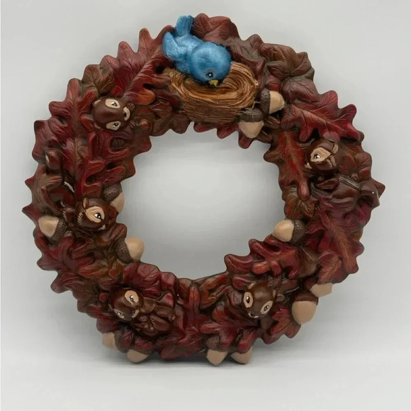 Vintage 1984 Ceramic Harvest Autumn Fall Chipmunks Acorns Leaves Birds Wreath - Picture 1 of 7
